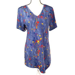 Jostar Blue Paint Splatter Slinky Knit Asymmetrical Hem Tunic Top M